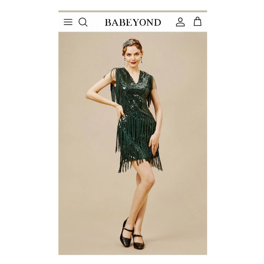New!  Babeyond Deep Green 1920s Flapper Gatsby Dress, Sequins & Fringe, Medium!